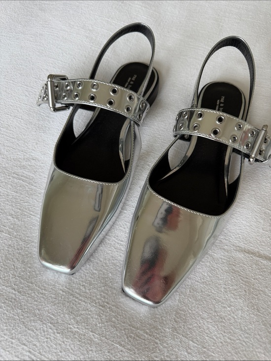 rag & bone Shoes - Rag & Bone Metallic Silver Square-Toe Slingback Mules with Grommet Strap